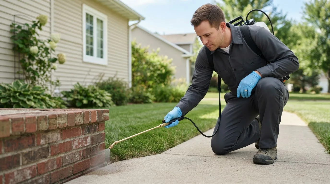 Pest control technician treating a home near Earth City, MO