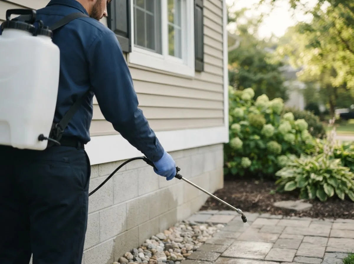 Pest control technician inspecting a home in Earth City, MO